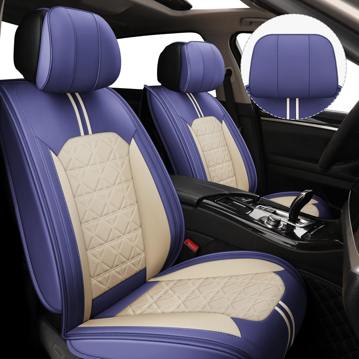 YUHCS Leather Car Seat Covers, 2 PCS Memory Foam Headrest Front Seat Covers, Breathable Automotive Seat Covers for Cars SUV Pickup Truck, Universal Car Seat Cover Vehicle Cushion Cover, Black