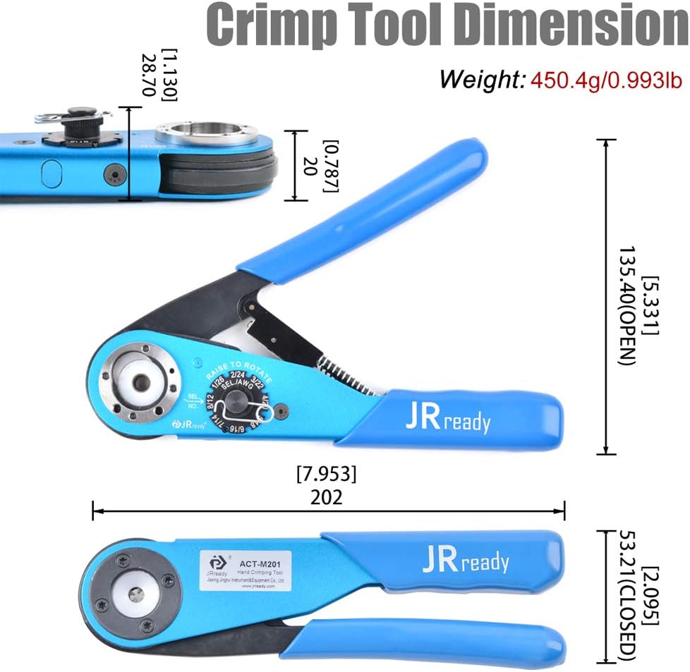 JRready ACT-M201 8 indent crimping tool design according M22520 1 01 for heavy duty circular rectangular electrical connector 38999 26482 etc. wire 12-26 awg 12 16 20 solid barrel contact