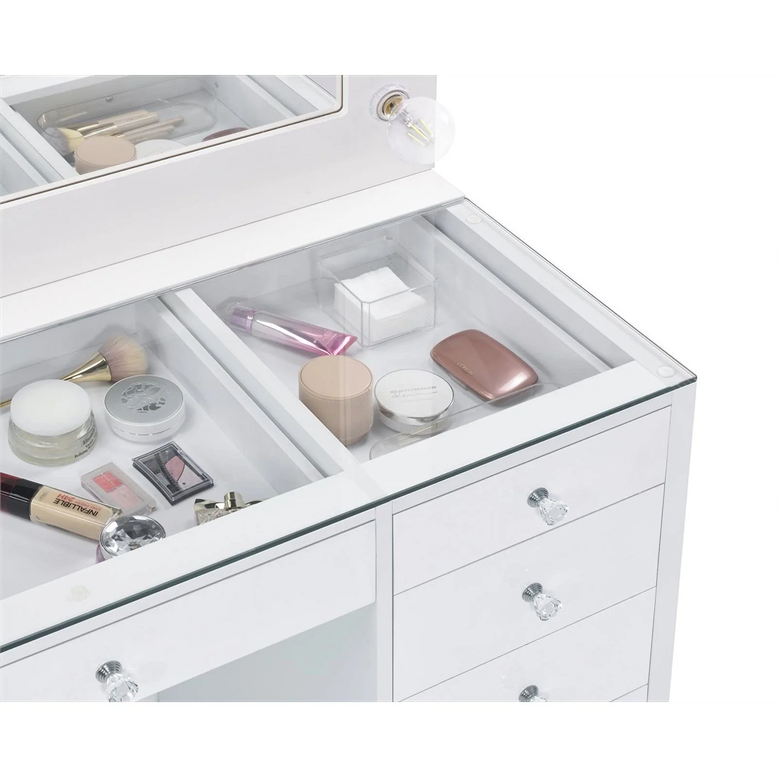 Maklaine 7-Drawer Wood & Glass Vanity Desk with LED Lighting in White