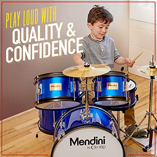 Mendini by Cecilio Drum Set, 5 Piece 16 Inch Junior Drums Kit with Bass, Toms, Snare Drum, Cymbal, Hi-Hat, Drumsticks & Seat for Beginner Student (Metallic Black)