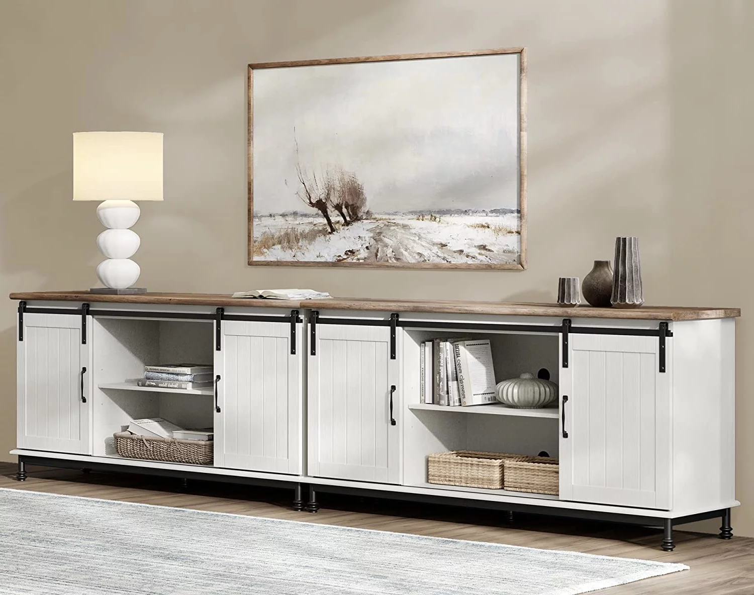 WAMPAT Farmhouse TV Stand for Up to 110 Inch TV, Sliding Barn Door Wood Entertainment Center with Media Console Storage Cabinet & Adjustable Shelves for Living Room, 116'', White