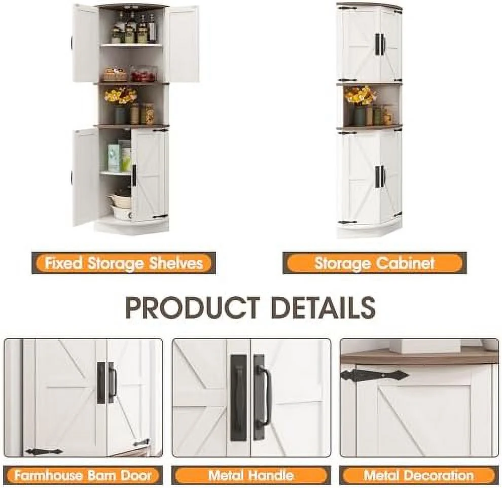 RUNFAYBIU 64.8" Tall Farmhouse Corner Cabinet with 4 Doors and 5  Shelves  Farmhouse  Cabinet with Barn Door Design  Home Space Saver for Living Room  Kitchen  Laundry Room White