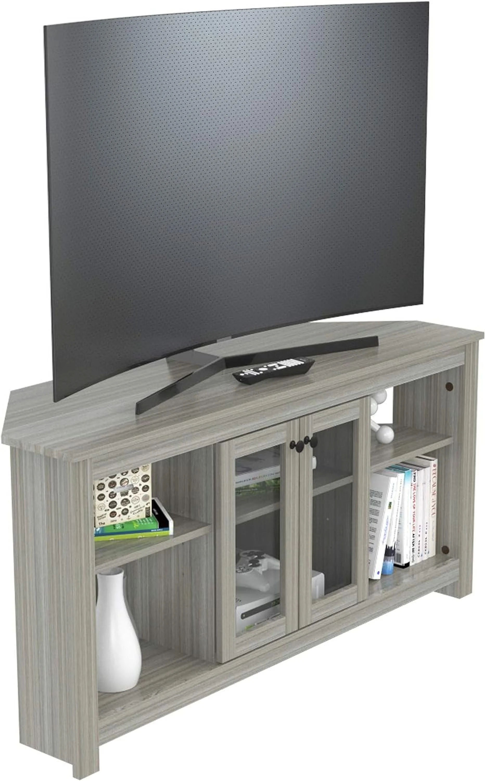 Corner TV Stand With Glass Doors, Oak