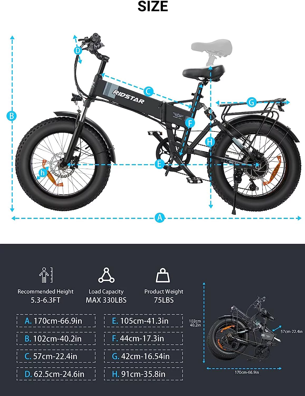 Folding Ebikes for Adults Ridstar, 750W Motor 48V 14AH Removable Battery 20" x 4.0 Fat Tire Shimano 7-Speed 19.8MPH Electric Bike