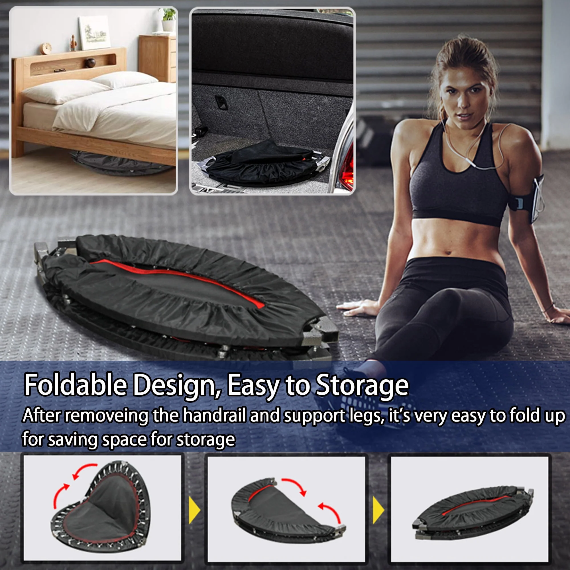 RAVS 40'' inch Black Foldable Mini Trampoline Rebounder for Kids and Adults with Height Adjustable Handle