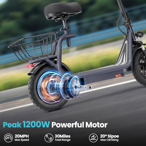 Caroma Electric Scooter with Seat,1200W Peak Motor,LED Display & 3 Speed Modes,30 Miles Max Range,Height Adjustable Seat & Foldable Electric Scooter with Basket,Front Suspension & Storage Hook