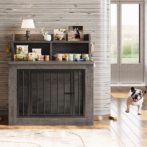 IRONCK Extra Large Dog Crate Furniture, 43.3 inches Wooden Dog Crate with Storage and 4 Hooks, Heavy Duty Pet Crate for Large Dog, Decorative Pet Cage for Indoor (30" L x 43.3" W x 41.1" H)
