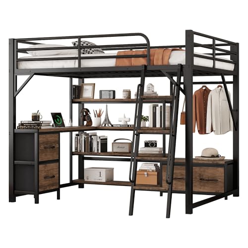Full Size Loft Bed with Stairs and Storage, Metal Loft Bed Frame with Bedside Shelf and Large Under-Bed Space, Heavy-Duty Bed for Adults Teens and Kids, Black