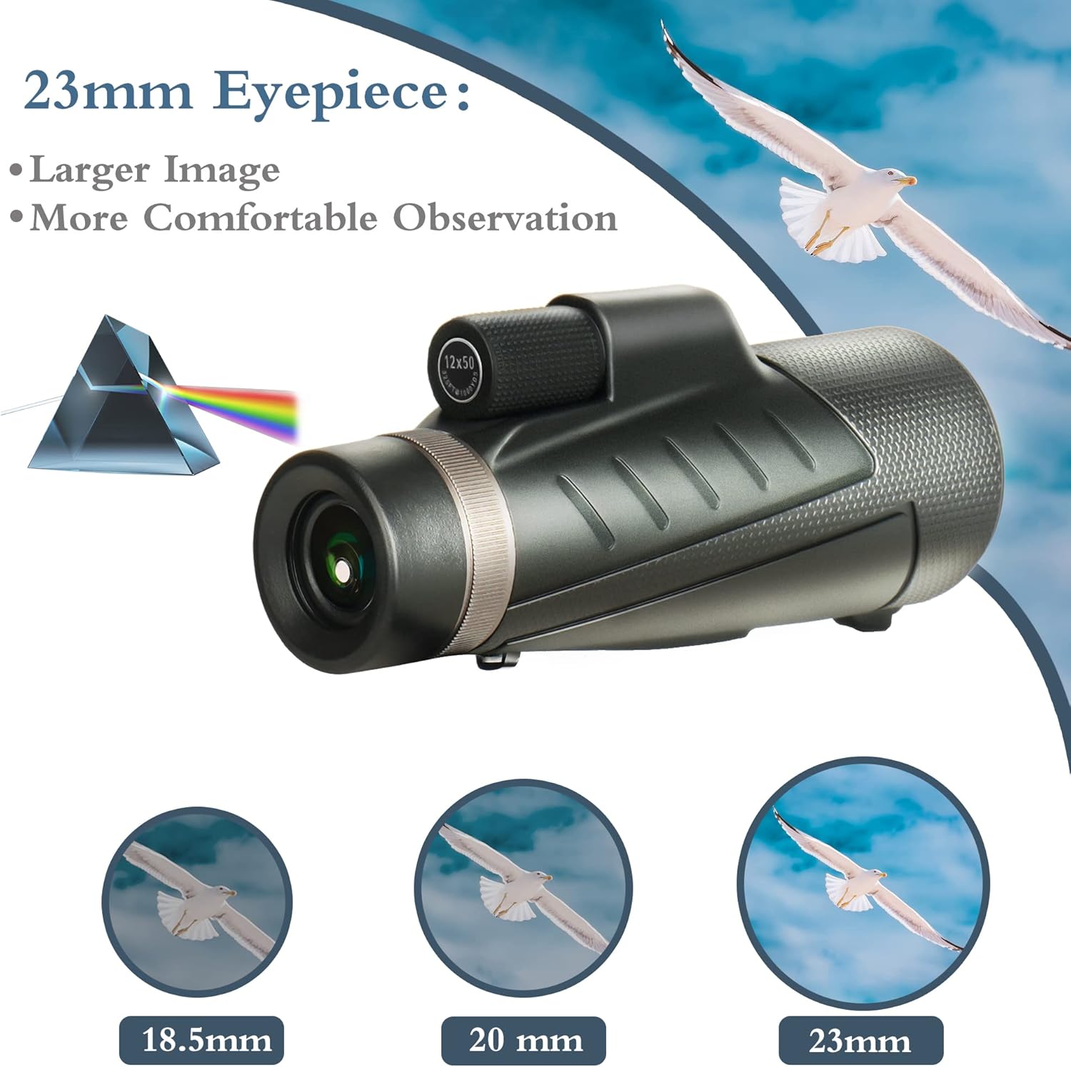 12x50 Monocular Telescope for Adults High Power Monoculars with 23mm Large Eyepiece. HD Pocket Monocular with Smartphone Adapter, Tripod and Portable Case. Perfect for Bird Watching Hunting Travelling
