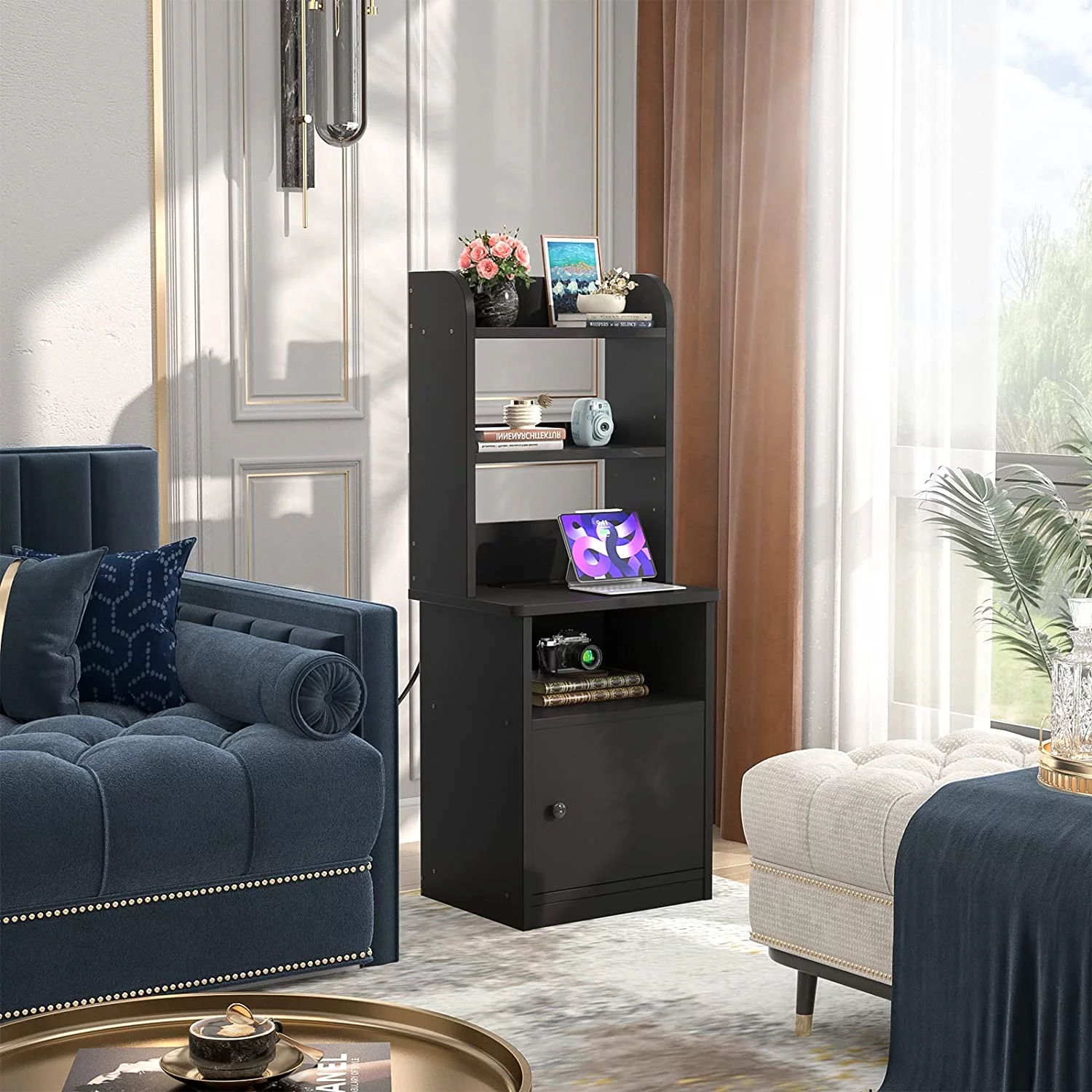 Homieasy Nightstands Set of 2 with Charging Station and USB Ports, 47" Tall Bedside Table with Adjustable Bookshelf, Modern End Table Side Table with Storage for Bed Room, Living Room, Black - Curated Treasures Market