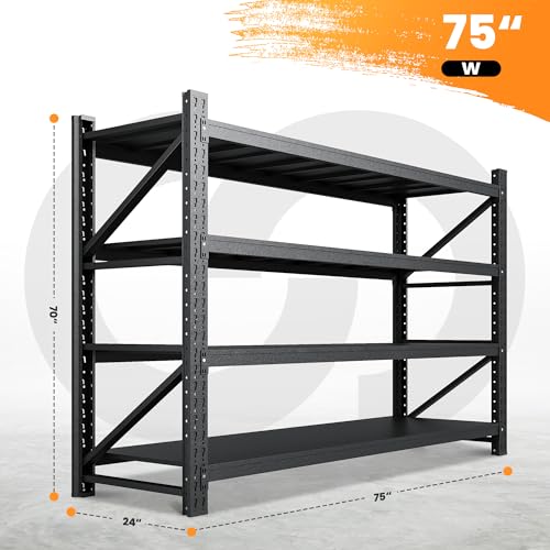 71” W Storage Shelves Heavy Duty, 5000LBS Metal Garage Shelving Units, 4 Tier Storage rack shelf, Steel Industrial Shelving , Adjustable Standing Shelf for Basement/Warehouse 71"W x 24"D x 70"H, Black