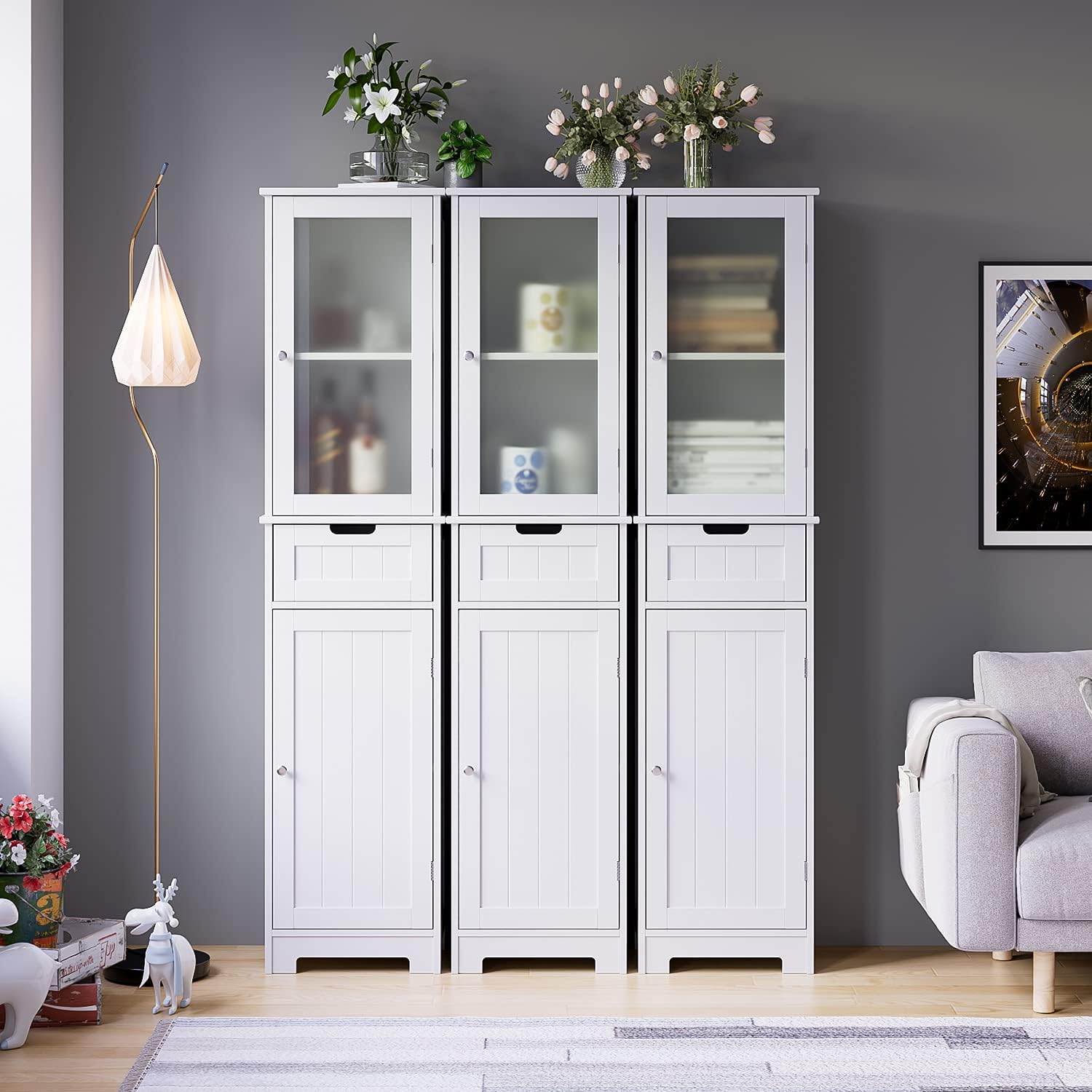 Bathroom Storage Cabinet, Tall Freestanding Cabinet with Door and Drawer, Narrow Slim Tower Cabinet with Adjustable Shelves for Home Office, White