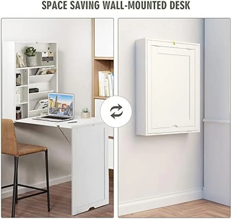 KBANZIBIU Wall Mounted Table w/Classified  Space  Foldable Multiple-Purpose Desk  Sturdy Wood Structure  Floating Convertible Desk/Cabinet for Apartment  Narrow Place and Limited Room (Wh