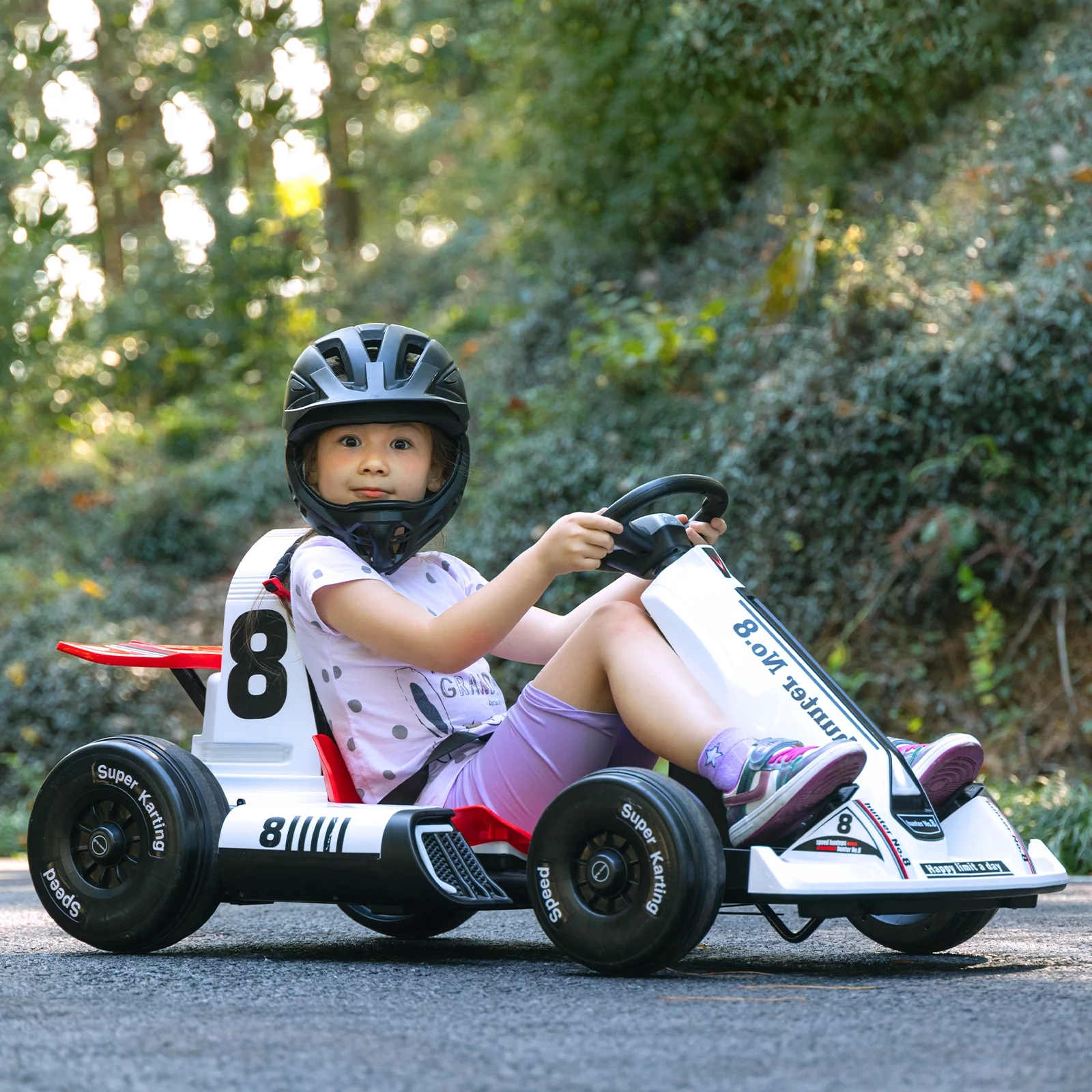 XJD Electric Go Kart 12V 7Ah Battery Powered Pedal Go Karts for 3+ Kids Adults Ride on Car Electric Vehicle Car Racing Drift Car Gift for Boys Girls with Bluetooth/FM and Remote Control, White