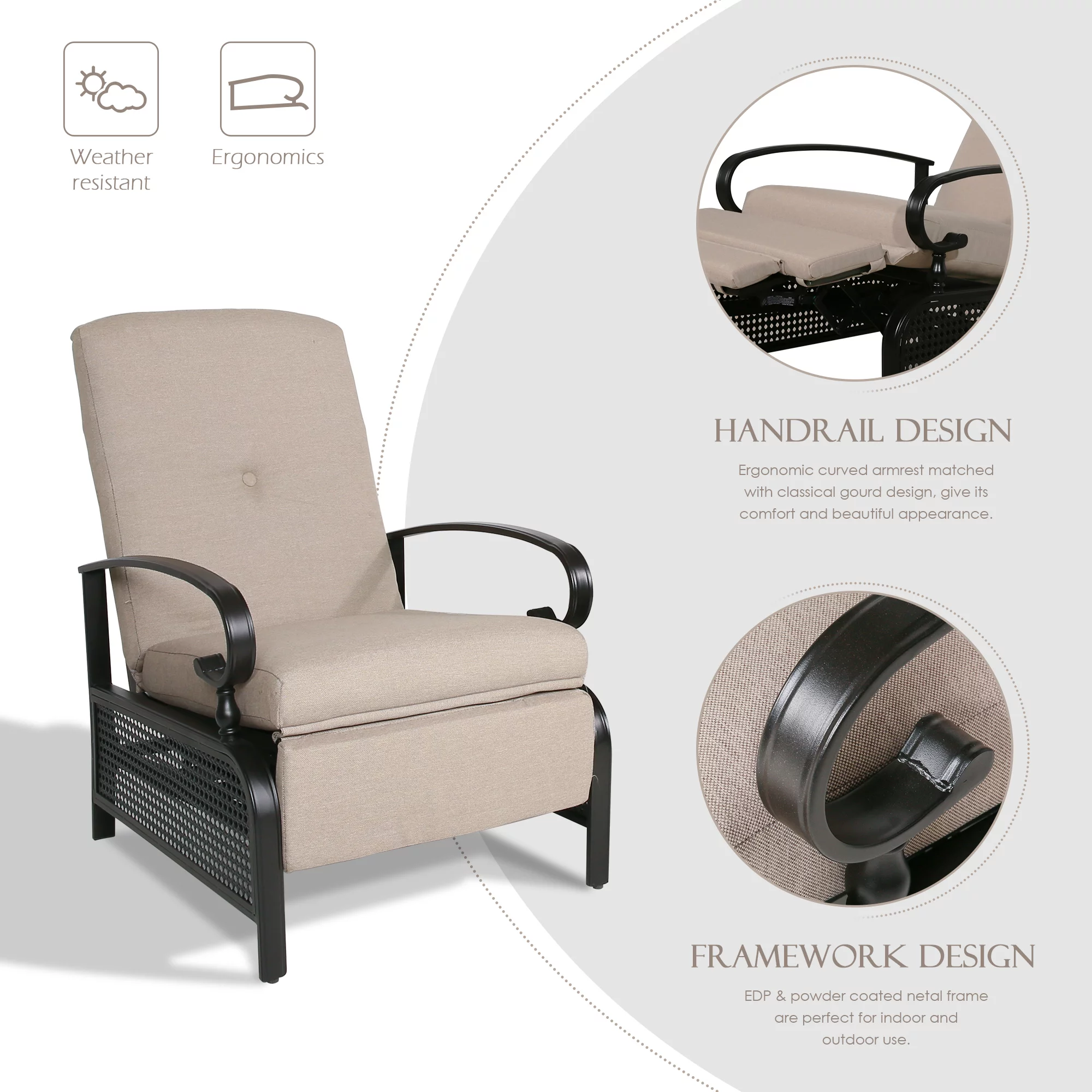 Ulax Furniture 3 Pieces Outdoor/Indoor Metal Recliner Conversation Set, Sailcloth Beige