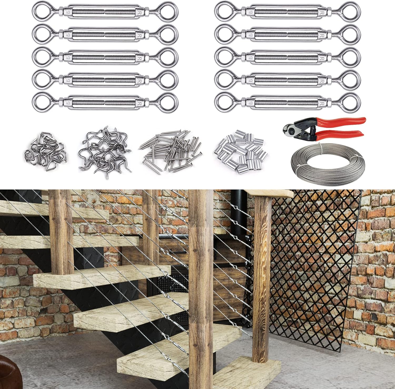 Muzata 10Set 1/8 Cable Railing Kit Hardware Turnbuckle M5 Eye to Eye CK01 and 165Ft Wire Rope WR01 and CR12 for Wood Post Stainless Steel Angle Adjustable WoodLoft System 10 Cable Lines,CA4 CA5