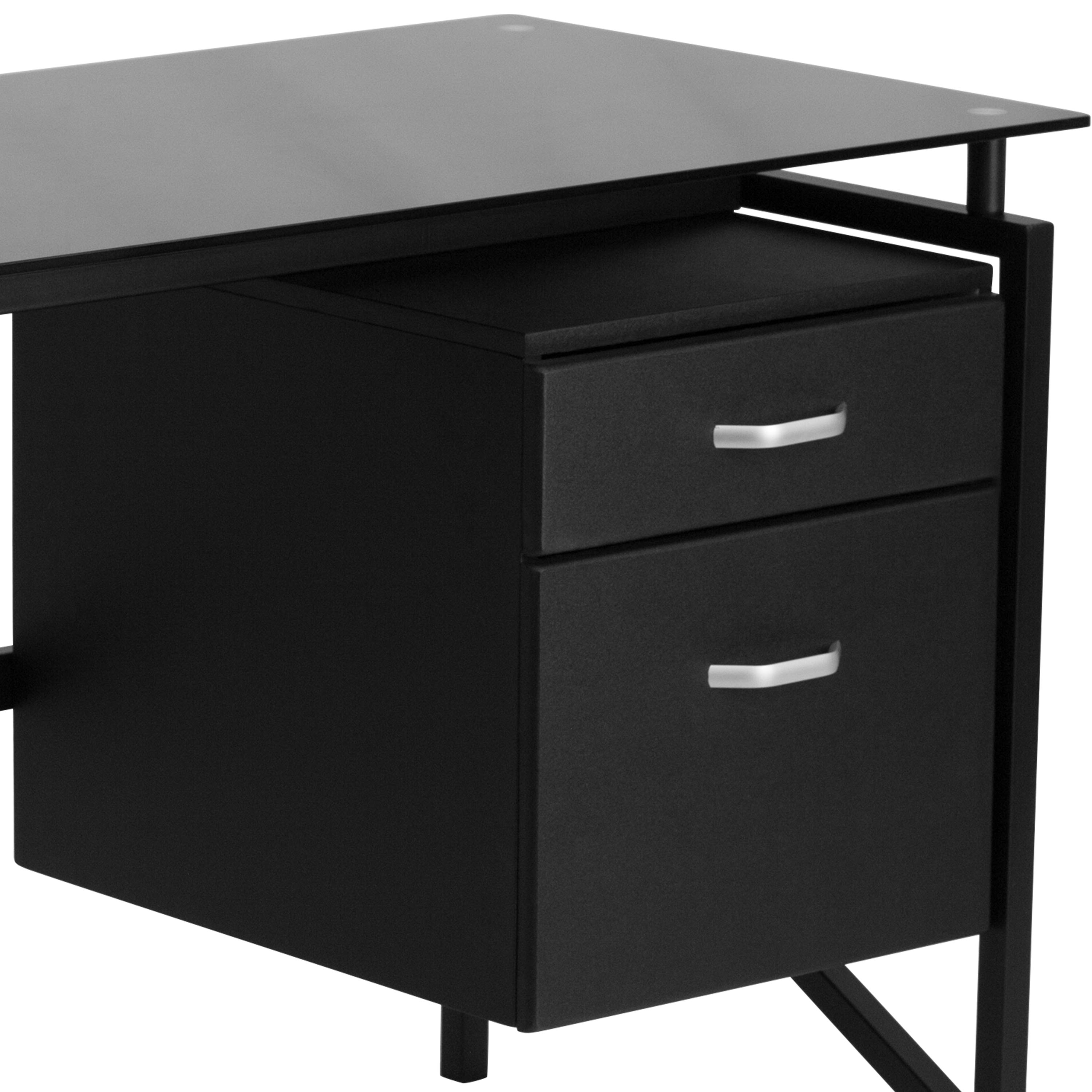Lancaster Home Two Drawer Pedestal Desk with Tempered Glass Top and Metal Frame, Size: Medium, Black