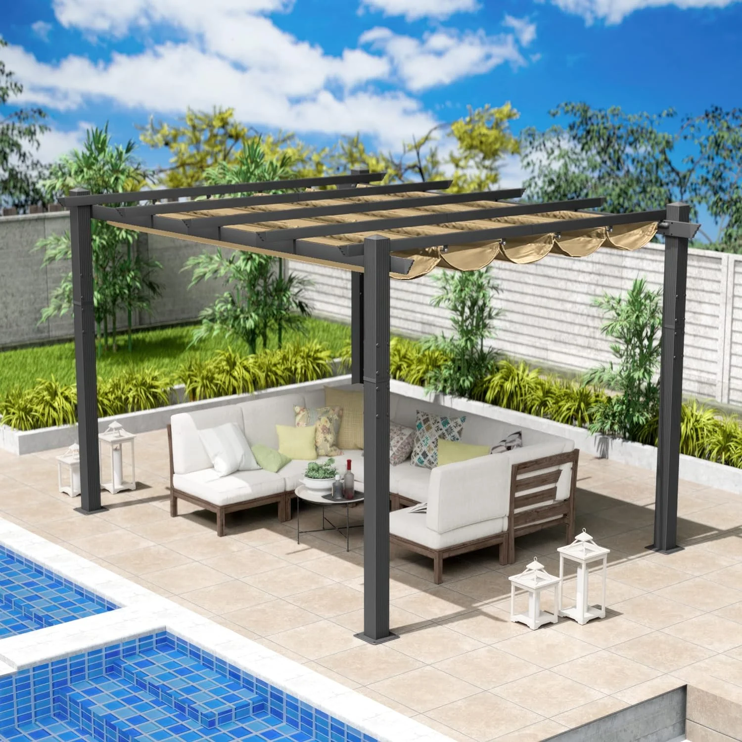 Kozyard Morgan Outdoor Extra-Large Gray Aluminum Frame Pergola with Sunshade Canopy (10'x12', Beige) - Curated Treasures Market