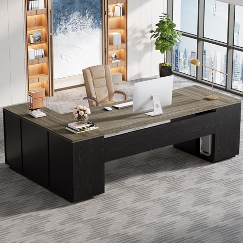 Tribesigns 85.8-Inch L-Shaped Executive Desk with File Drawers, Door Cabinet & Shelves, Extra Large Commercial Office Desk, Modern Professional Office Table, White & Brown Business Furniture