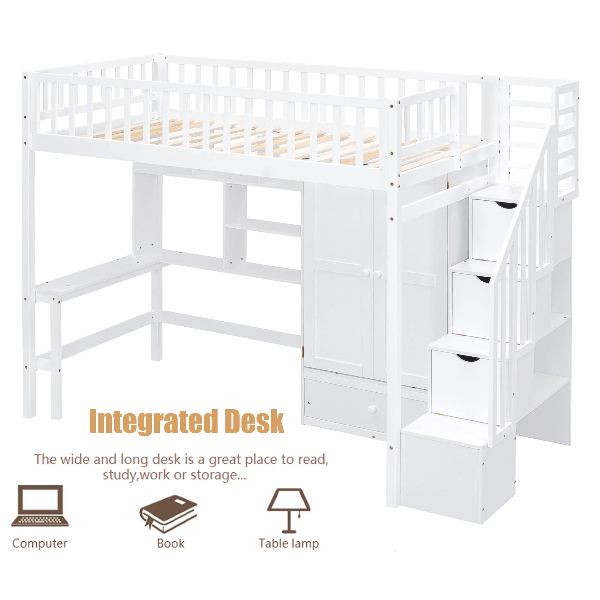 Bellemave Twin Size Loft Bed with Stairs and Wardrobe, Wood Loft Beds Frame with Desk and Storage Drawers, Stairway Loft Bed for Kids, Teens & Adults（White）