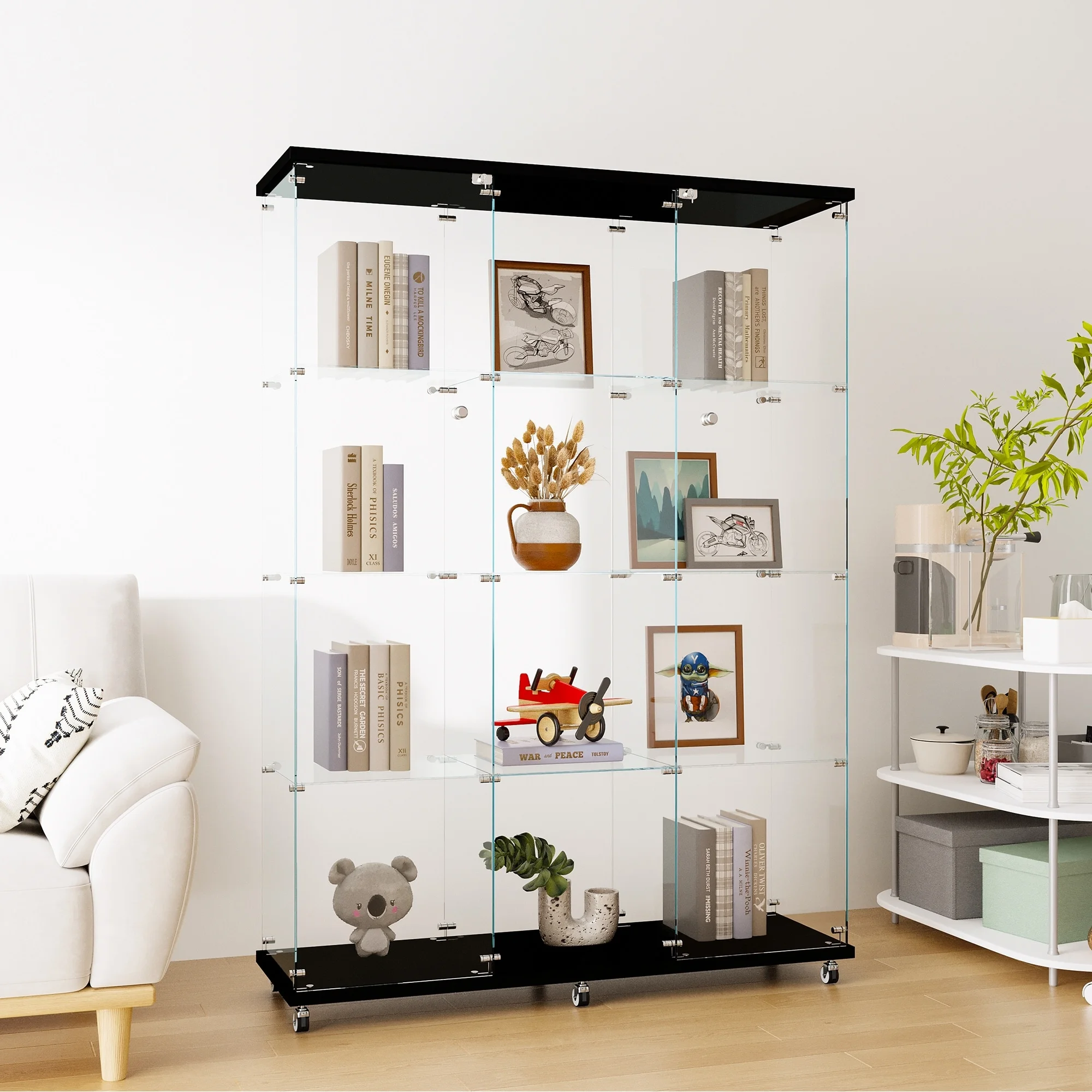 Modern Large 4 Shelves Glass Display Cabinet with Wheel , Floor Standing Curio Cabinets Black - Curated Treasures Market