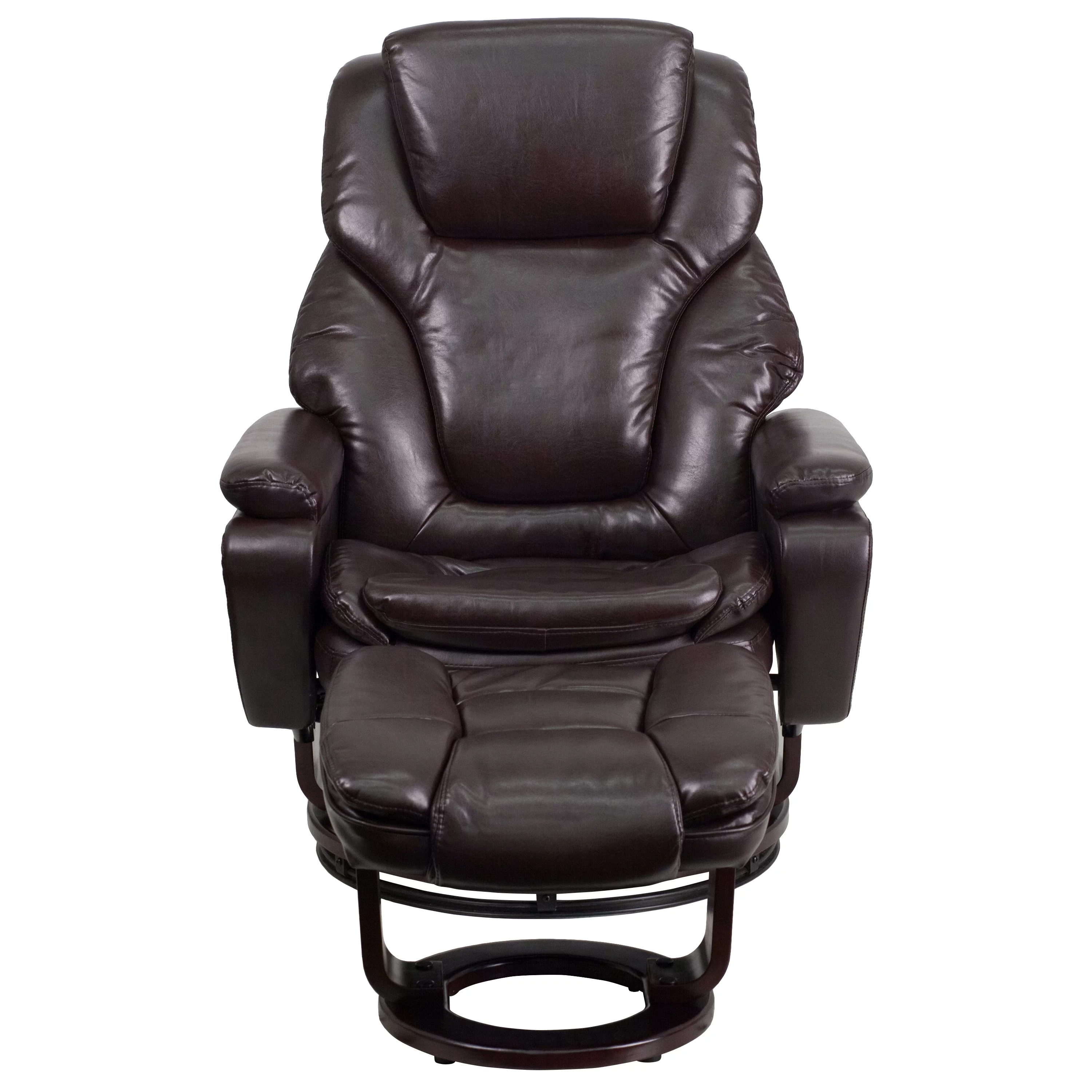 BizChair Contemporary Multi-Position Recliner and Ottoman with Swivel Mahogany Wood Base in Brown LeatherSoft