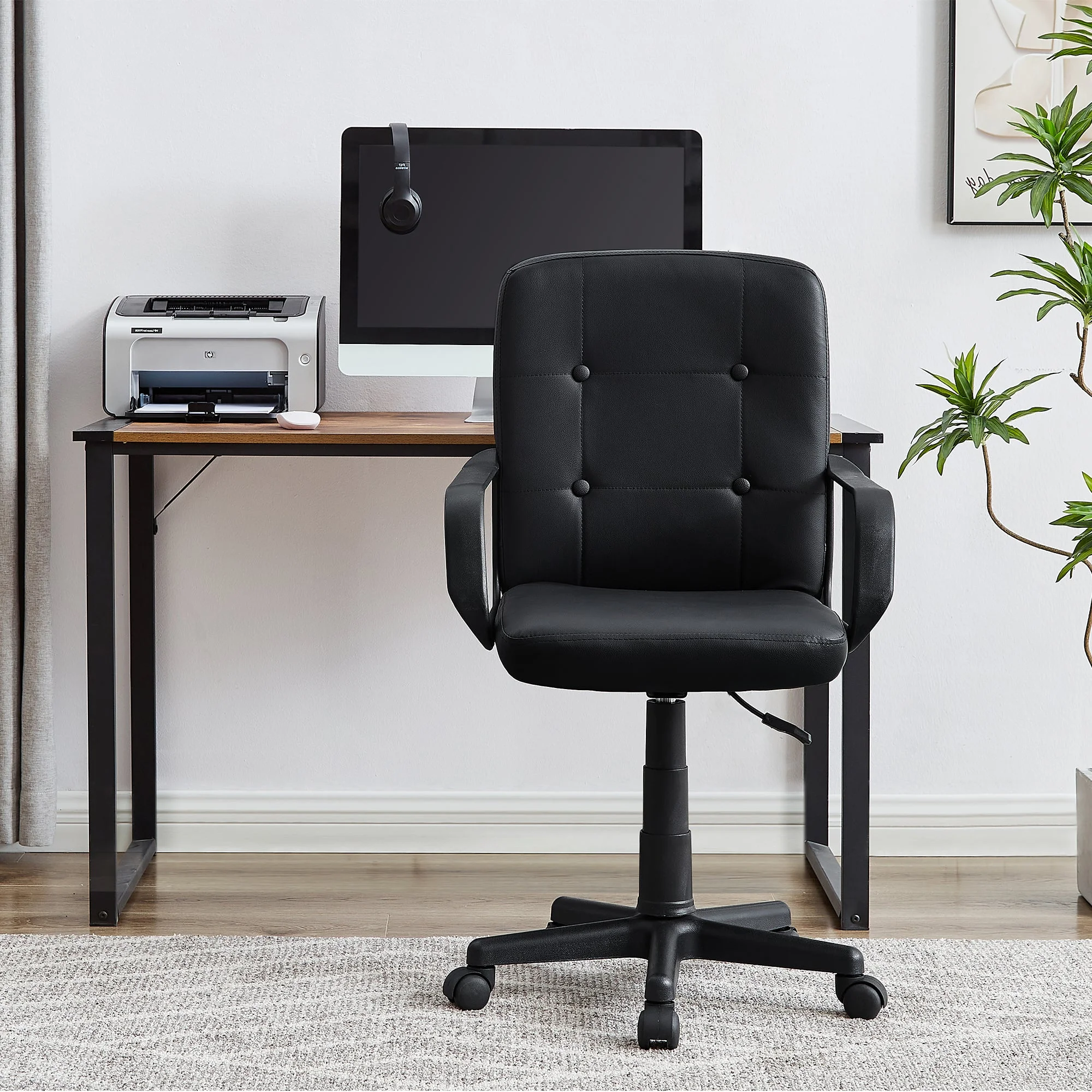 VECELO Corner Computer Desk & Chair Set, Ergonomic High Back Adjustable Height Office Chair and Study Writing Table with Keyboard Tray and Storage Shelf, Black