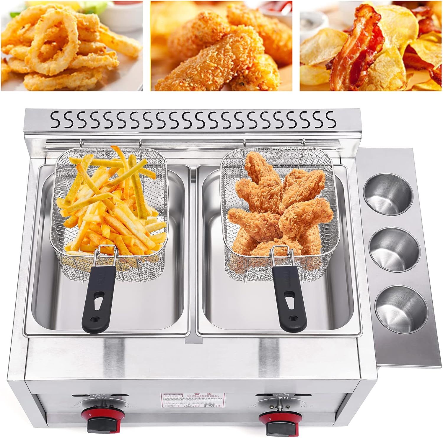 LYNICESHOP Stainless Steel Countertop Gas Fryer, Commercial LPG Gas Deep Fryer with 2 Basket Propane LPG Oil Frying Pot Kitchen Frying Machine Snack Fryer For French Fries Restaurant Home Kitchen