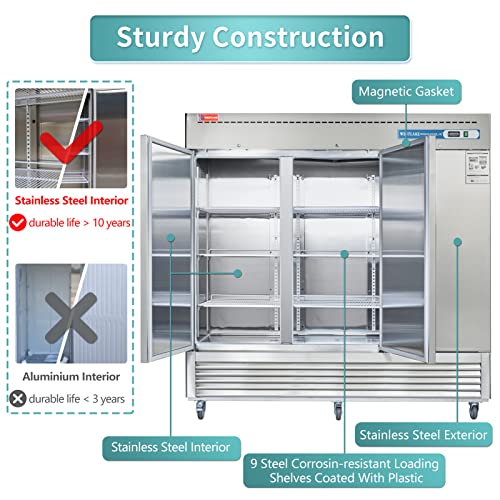 WESTLAKE Commercial Refrigerator 2 door 2 Section Stainless Steel Reach in Solid Door Upright Fan Cooling Cooler
