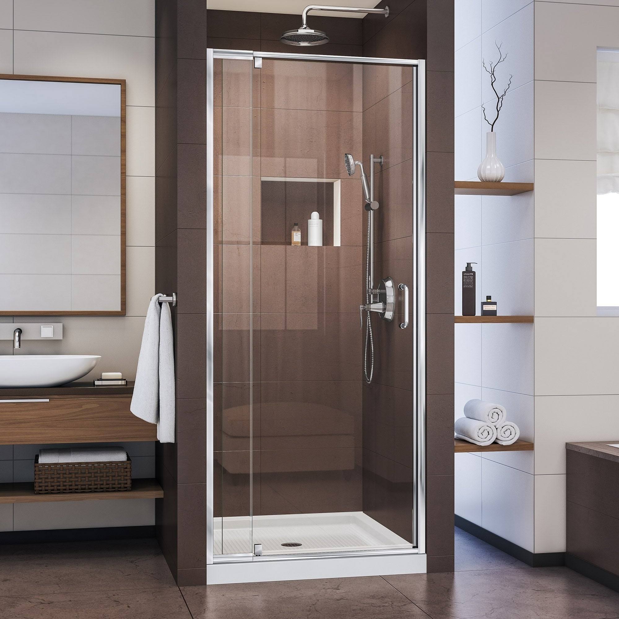 DreamLine DL-6216C-22-04 Flex 36x22 D x 36x22 W x 74 3/4x22 H Semi-Frameless Pivot Shower Door in Brushed Nickel and Center Drai