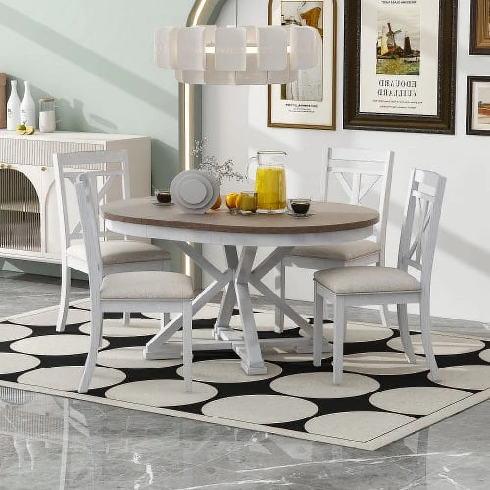 5-Piece Retro Functional Dining Table Set Extendable Round Table and 4 Upholstered Chairs for Dining Room and Living Room (Brown+Antique White)