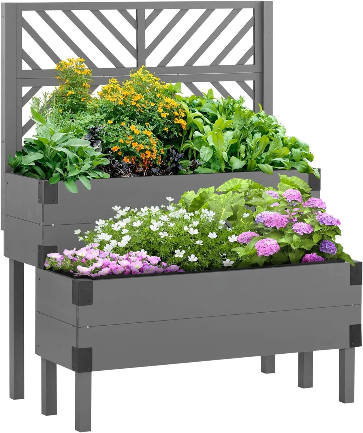 2 Tier Raised Garden Bed with Trellis, Wooden Elevated Planter Box with Legs and Metal Corners, for Vegetables, Flowers, Herbs, Gray - Curated Treasures Market