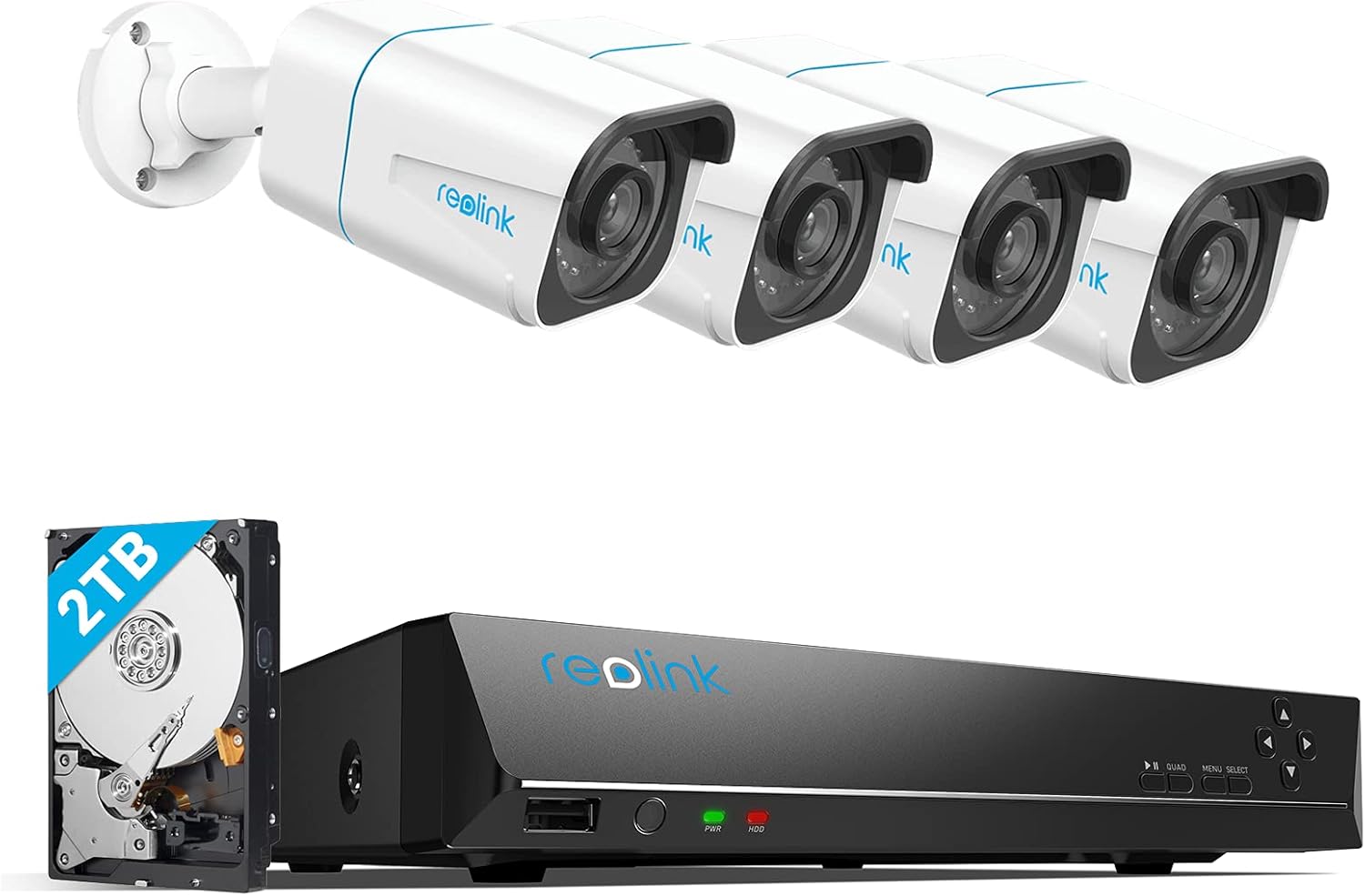 REOLINK 4K Security Camera System, 4pcs H.265 PoE Wired Bullet 4K Cameras with Person Vehicle Detection, 4K/8MP 8CH NVR with 2TB HDD for 24-7 Recording, RLK8-810B4-A
