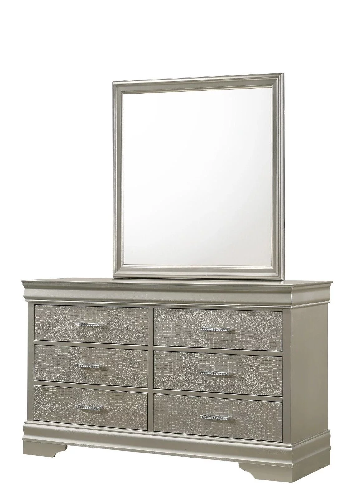 4Pc Silver Finish California King Size Panel Upholstery Bed Dresser Mirror Nightstand Set Wooden Bedroom Furniture