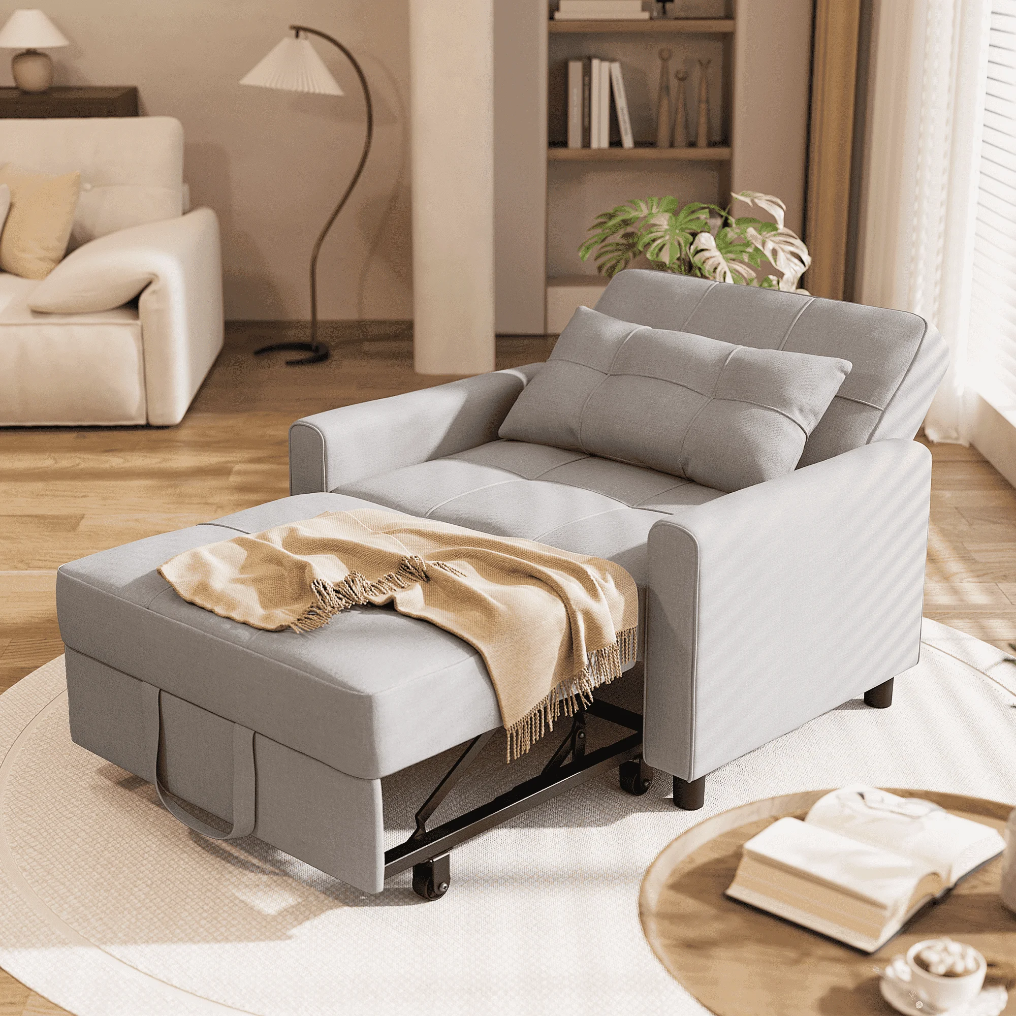 Asofer Sofa Bed Chair, 3 in 1 Convertible Futon Couch Recliner, Sleeper Sofa for Home or Office, Light Gray - Curated Treasures Market