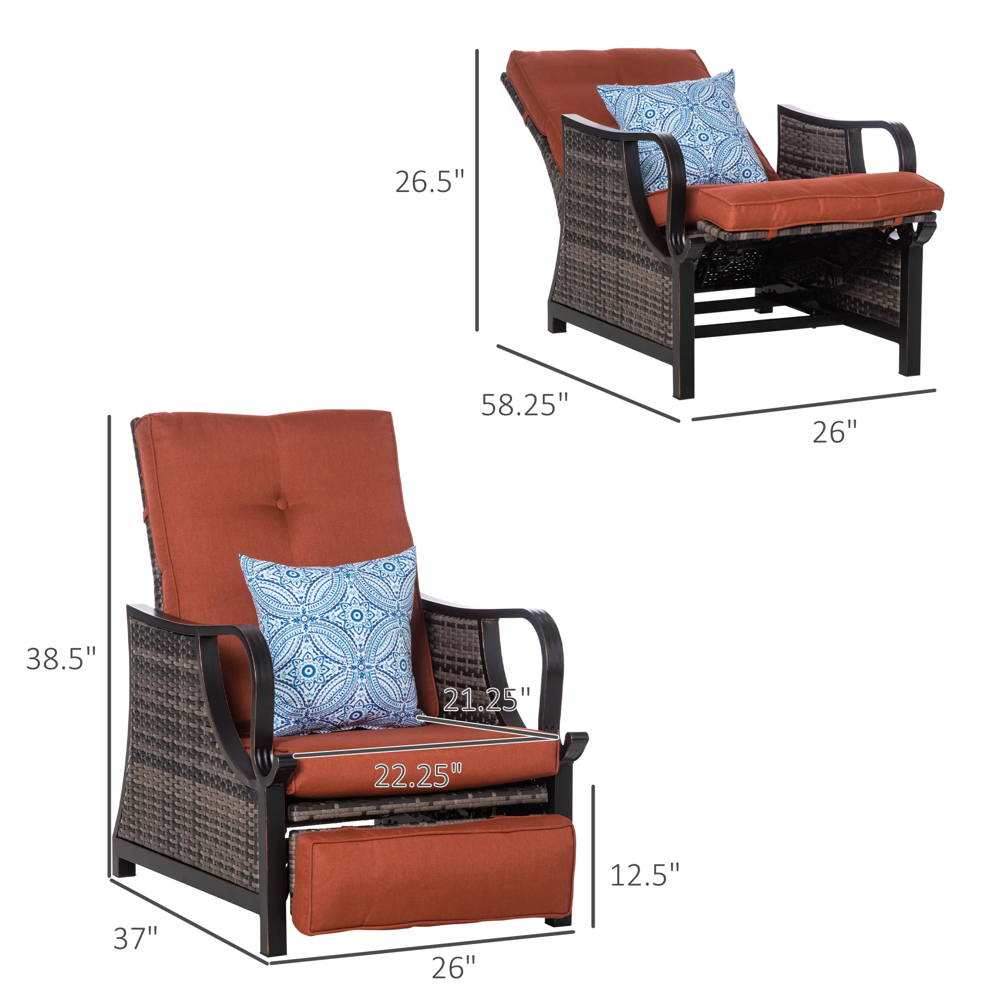 Outsunny Outdoor Recliner Chair, PE Wicker Furniture, Red