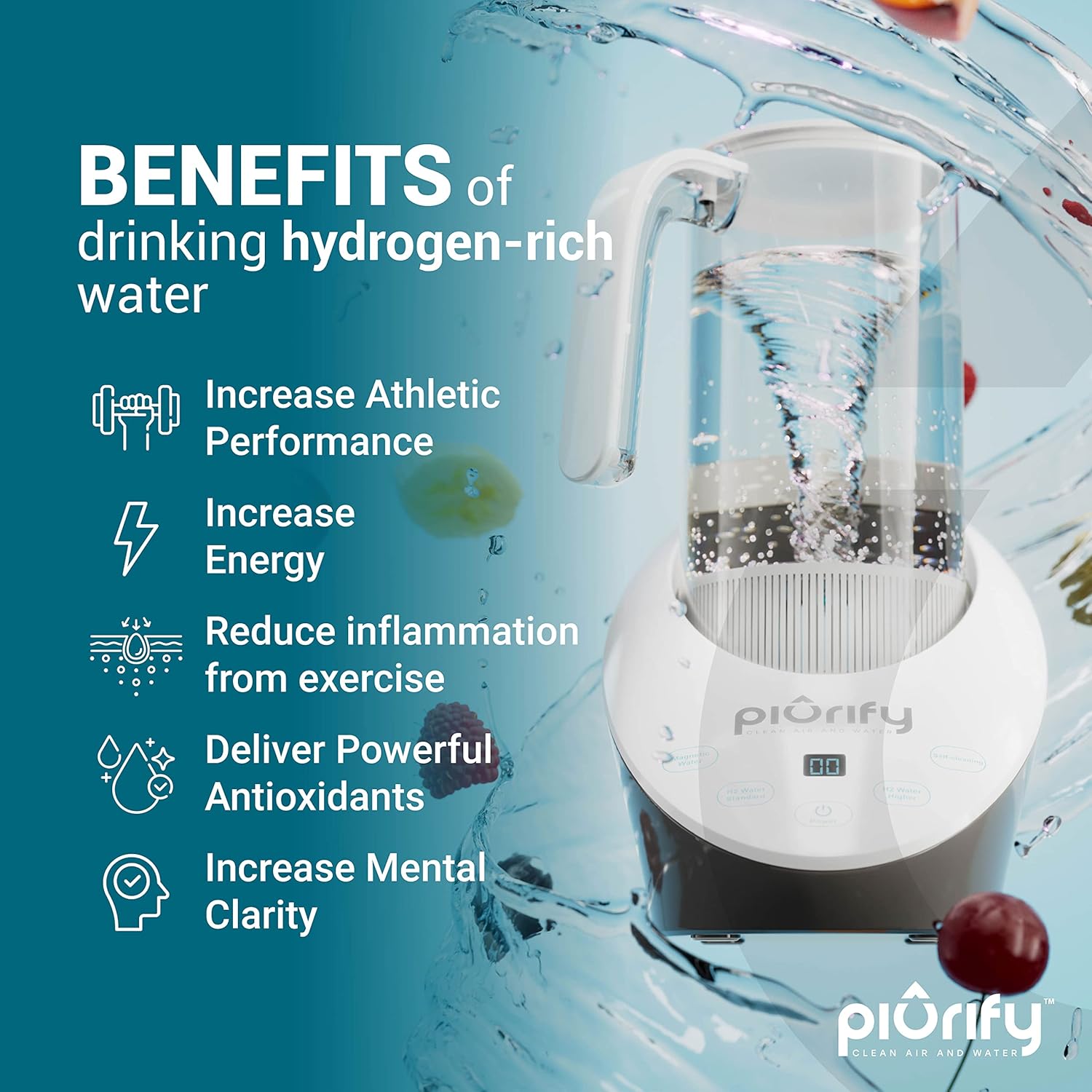 Hydrogen Alkaline Water Pitcher - Rich Hydrogen Water Generator Electrolysis Jug with SPE and PEM Concentrator Technology. Improved Purified Water PH Levels and Filtered with Calcium Sulfite.