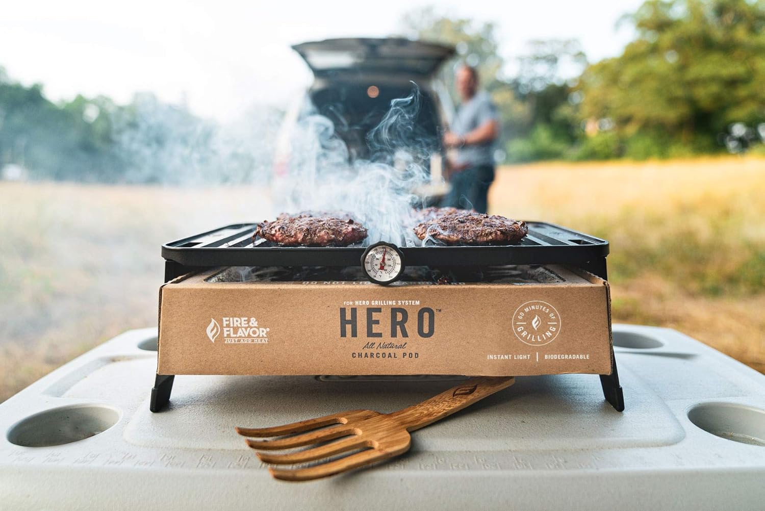 Fire & Flavor Hero System Ultra-Portable Easy Instant Light Charcoal Grilling for Tailgating, Beach RV, Park, Patio, Outdoors with Reusable Eco-Friendly Pod, Bamboo Cutting Board and Carry Case, Multi