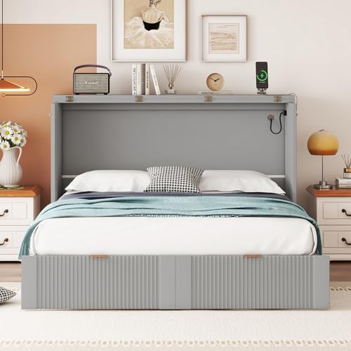 Full Size Murphy Bed Wall Bed with Storage Drawers, Wood Murphy Bed Chest with A Set of Sockets & USB Ports, Pulley Structure Design, Foldable Platform Bed for Home Office Small Room (Gray-74Q)
