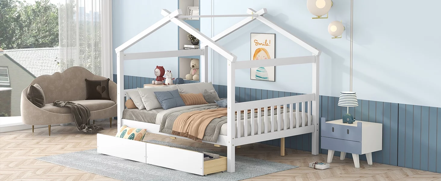 Bellemave Kids House Bed with Drawers Full Size Platform Bed with Storage Playhouse Design Wooden House Bed Frame With Headboard and Footboard for Boys Girls Teens, White