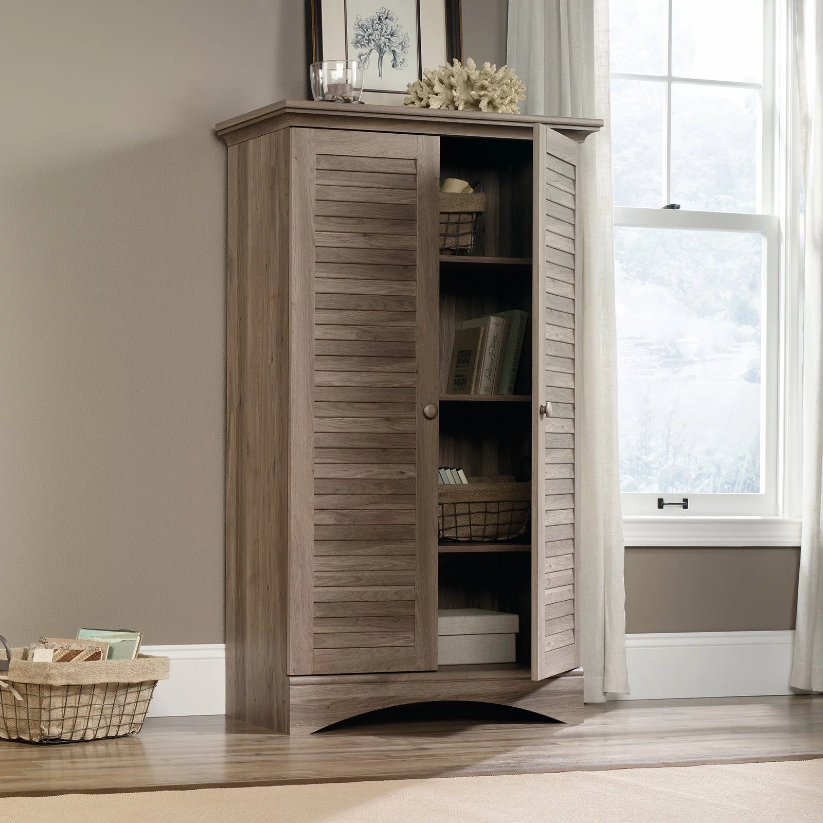 Sauder Harbor View Storage Cabinet, Salt Oak Finish