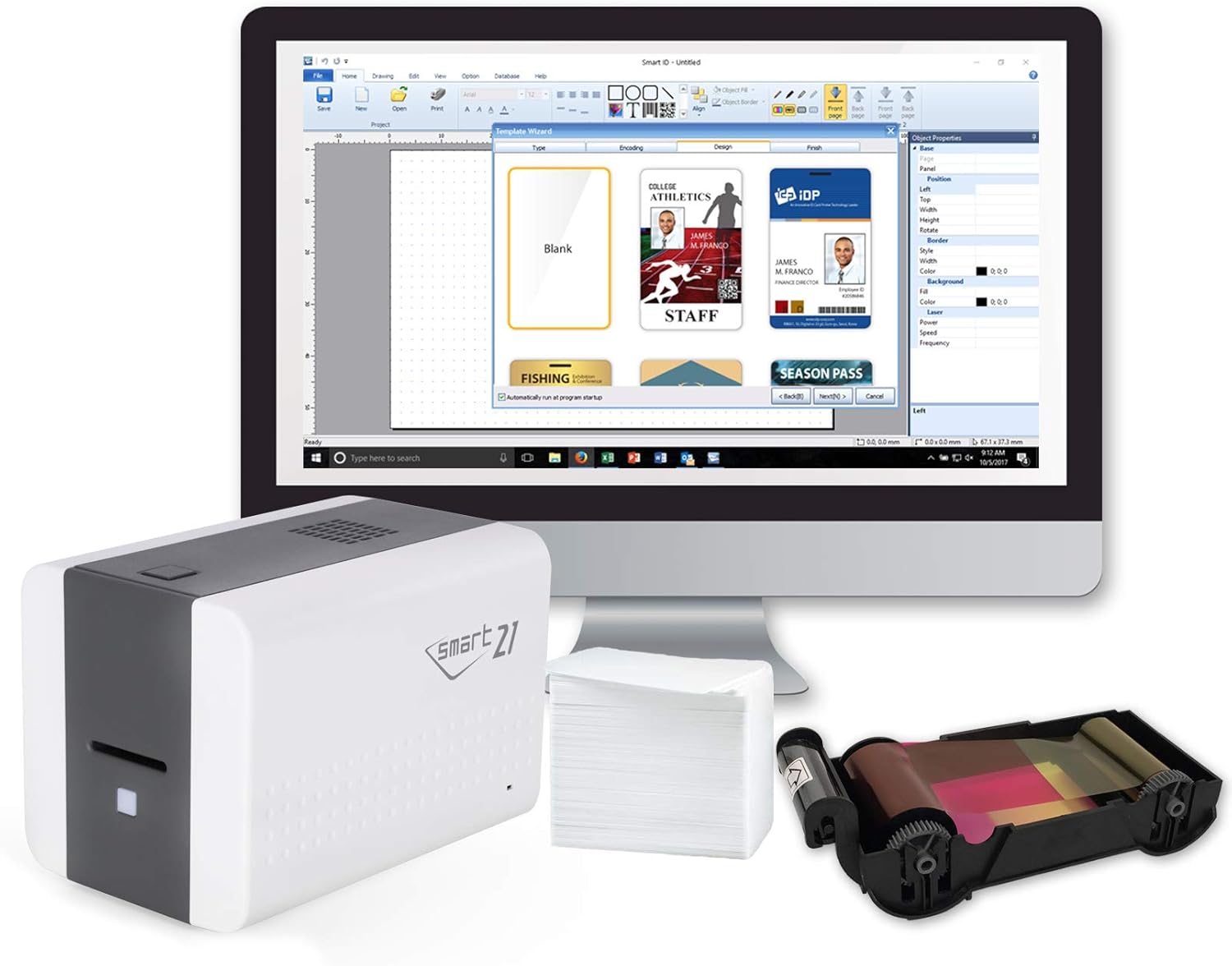 IDP SMART-21 Series ID Card Simplex Starter Printer Bundle with Software, Manual and Guides - Includes 100-Print YMCKO Color Ribbon, 100 PVC Plastic Cards and a USB Camera