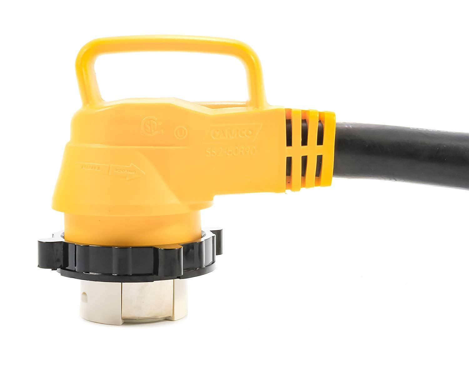 Camco 55572 18x22 50 Amp Locking Male/50 Amp Locking 90 Degree Female PowerGrip Dogbone Electrical Adapter