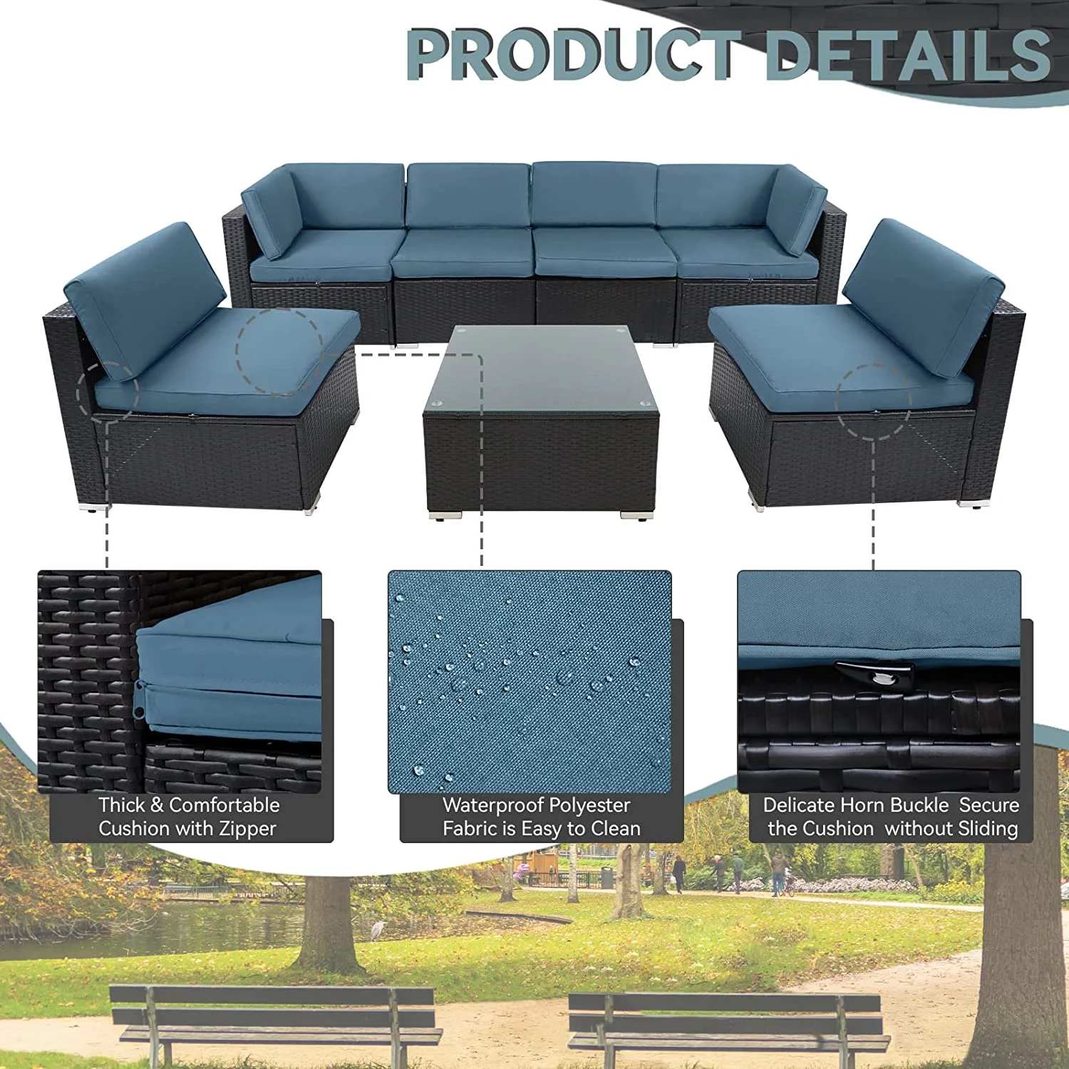 SUNCROWN 7-Pieces Outdoor Sectional Sofa Set Wicker Patio Furniture Conversation Set with Haze Blue Cushions
