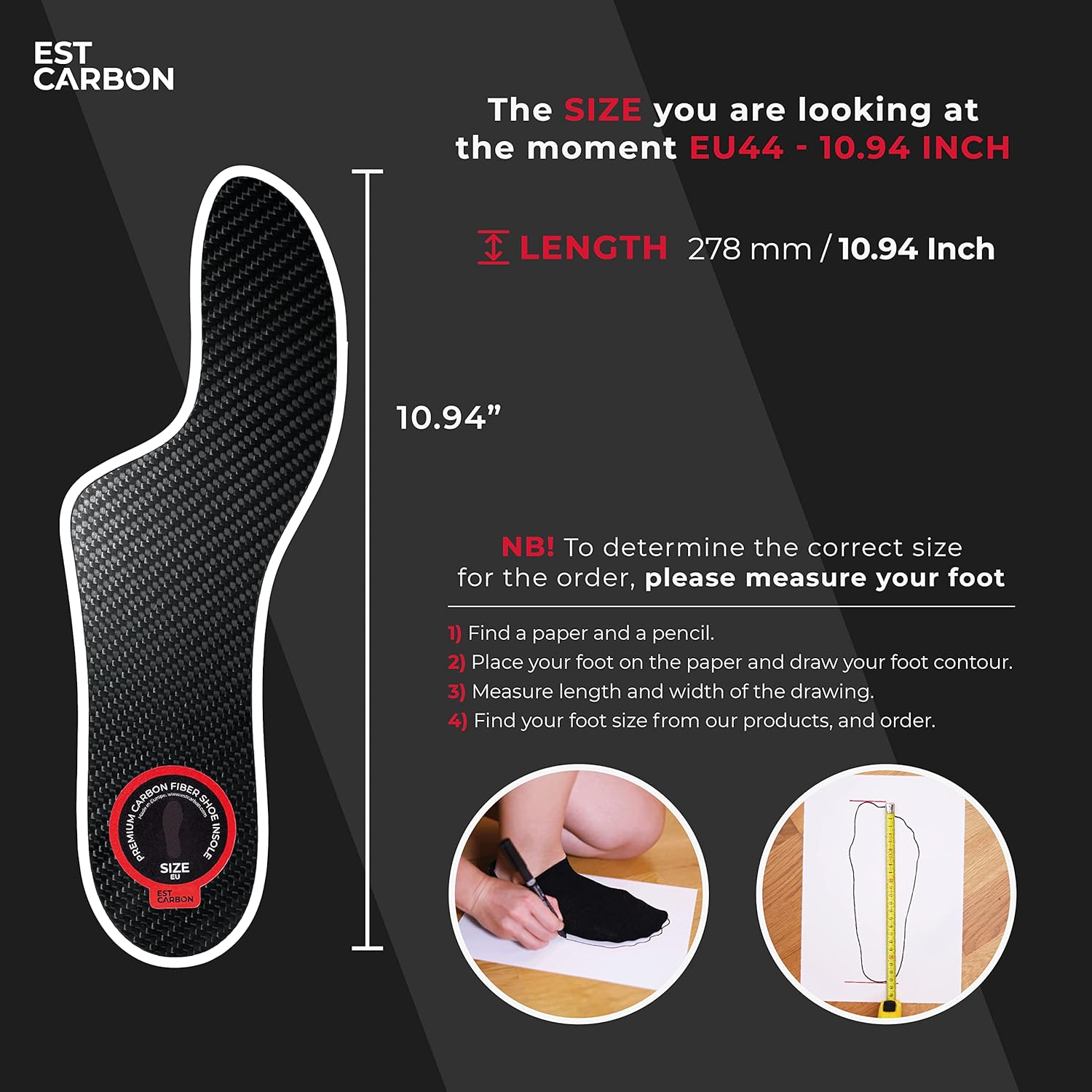 Morton´s Extension Orthotic, 1 Piece, Carbon Fiber Insole, Very Rigid Foot Support Insert Best for Morton`s Toe, Turf Toe, Hallux Rigidus, Arthritis - 278mm, EU44, 10.94 Inch Pack of 2