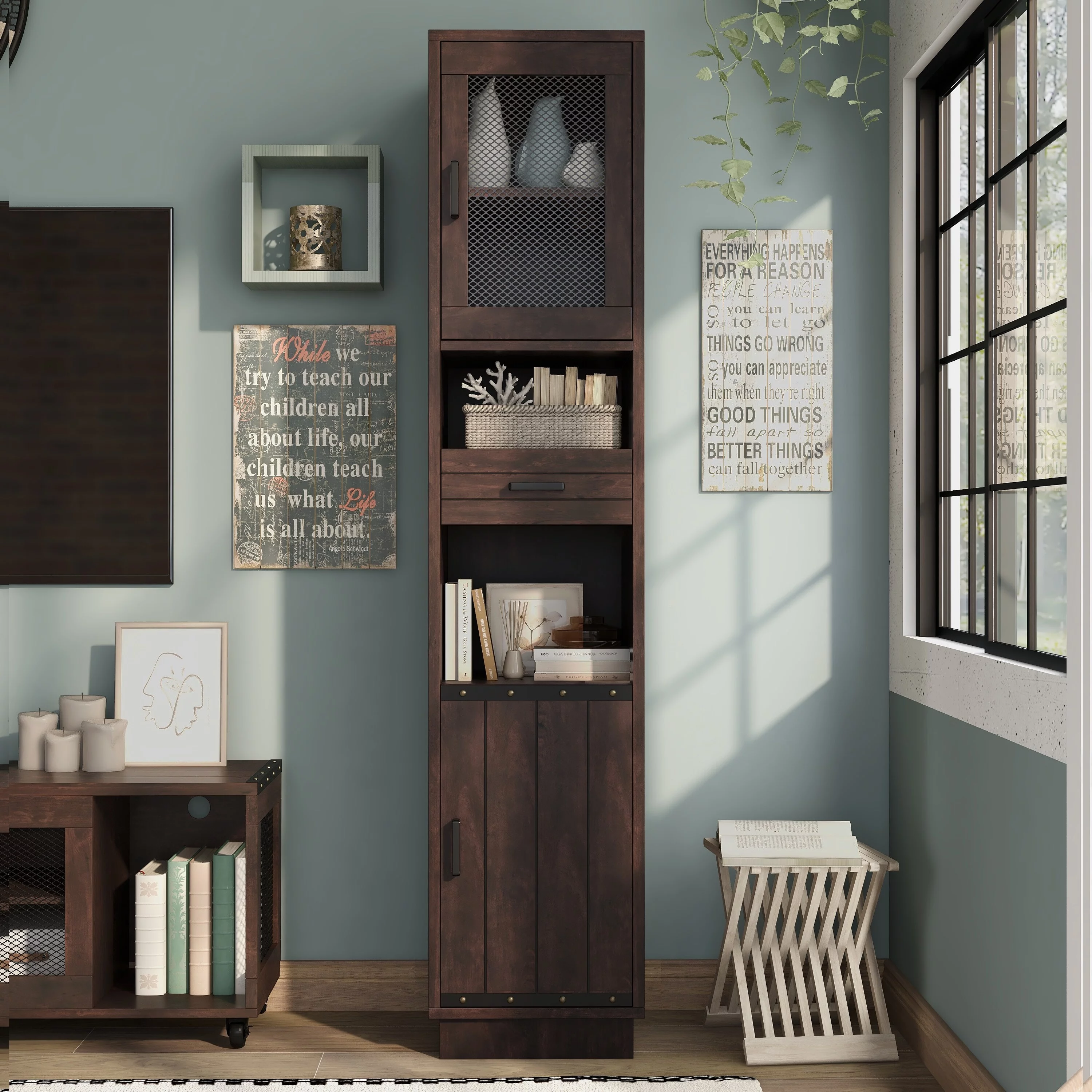 Furniture of America Hury Farmhouse Walnut Multi-Storage TV Tower by  Vintage Walnut Walnut Finish