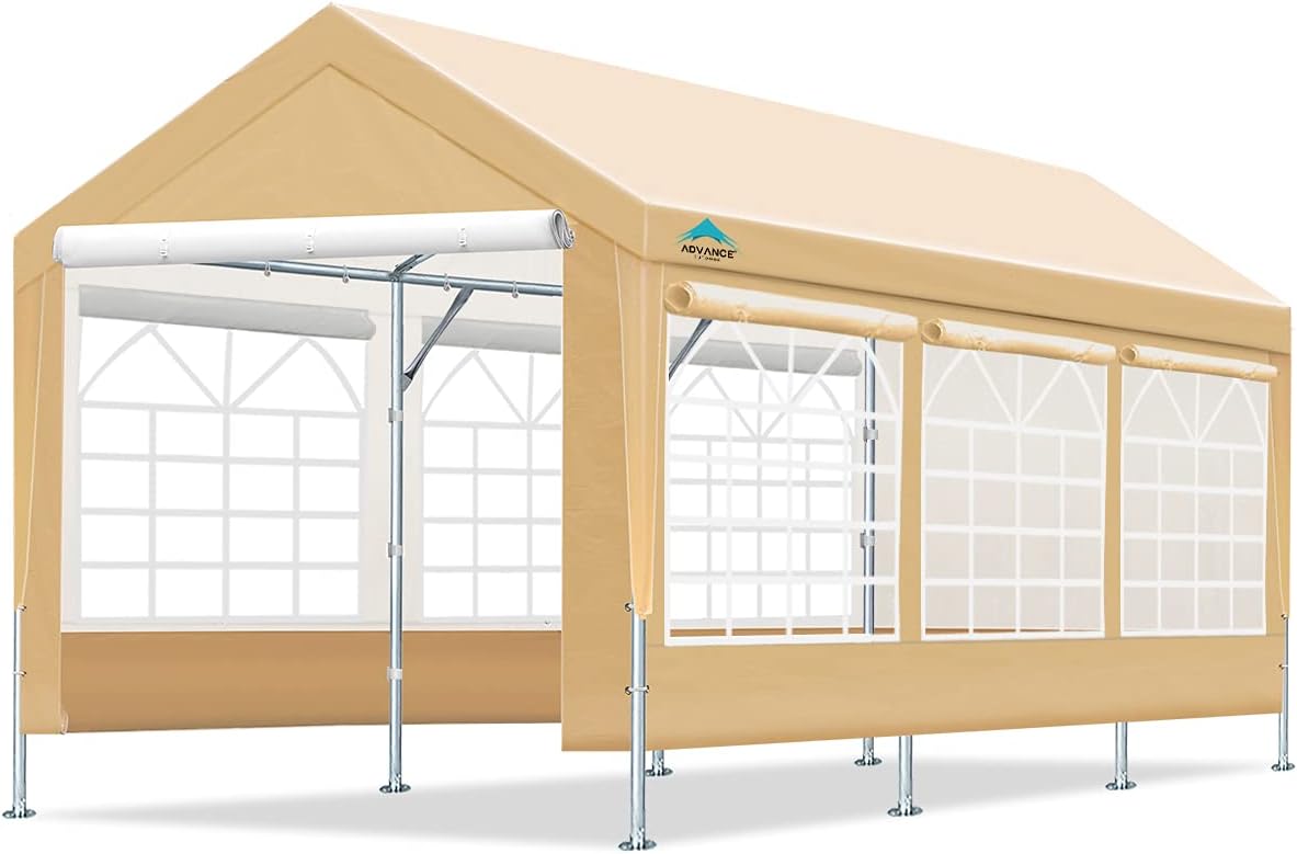 ADVANCE OUTDOOR Adjustable 10x20 ft Heavy Duty Carport Car Canopy Garage Shelter Party Wedding Boat Tent with Removable Window Sidewalls and Doors, Adjustable Height from 9.5ft to 11ft, White