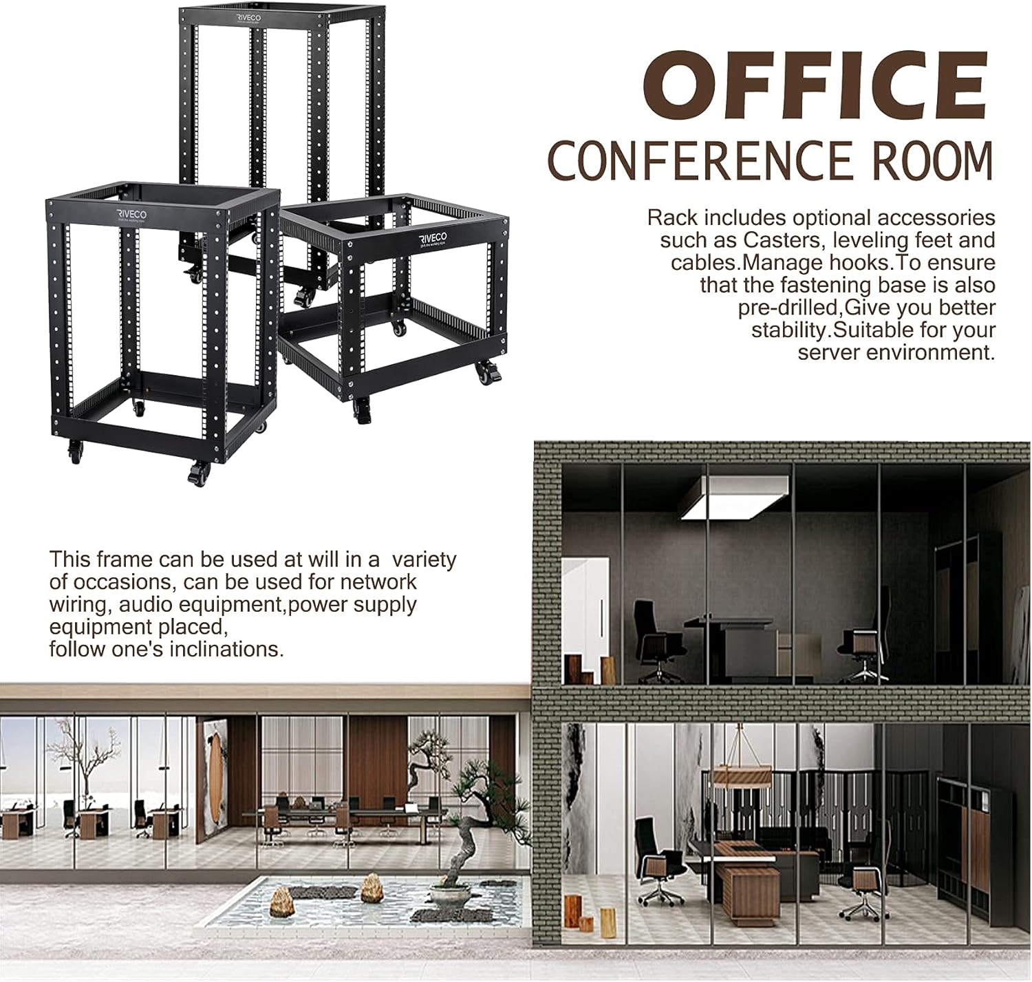 RIVECO 9U Open Frame Server Rack with Casters- Heavy Duty 4 Post Quick Assembly 19-inch, Stereo Rack Network Cabinet Black