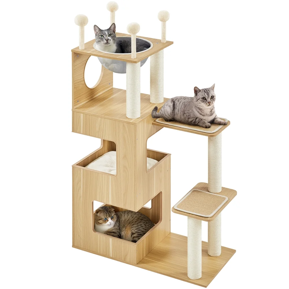 Yaheetech 53" H Wooden Cat Tree Tower with Condo, Wood - Curated Treasures Market