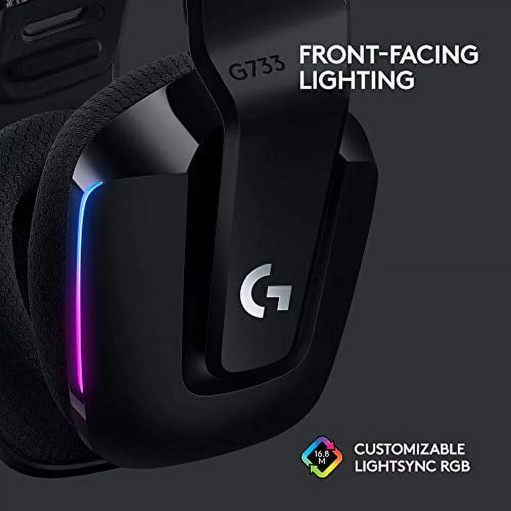 Logitech G733 LIGHTSPEED Wireless Gaming Headset with suspension headband, LIGHTSYNC RGB, Blue VO!CE mic technology and PRO-G audio drivers, Black